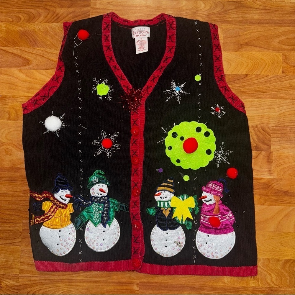 Vtg Basic Editions Ugly Sweater Snowmen Snowflakes And More Women’s 1X Button